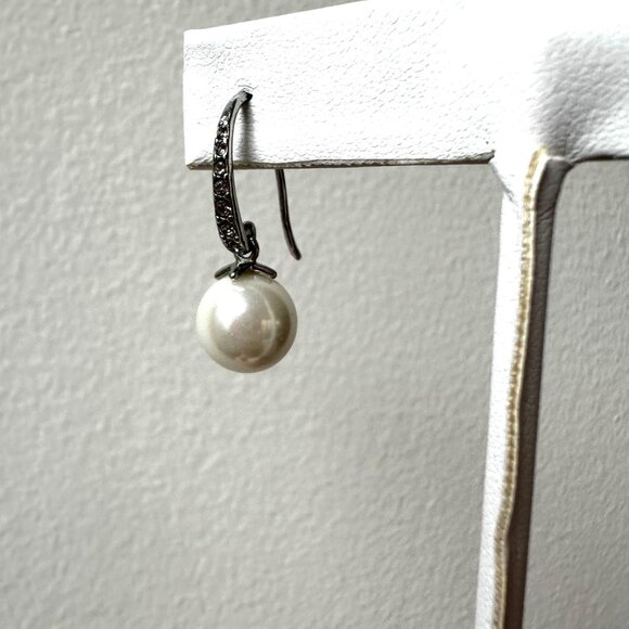 Elegant Pearl Drop Earrings With Crystal Accented Hook Classic Bridal Jewelry - Picture 2 of 5
